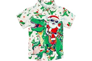 RAISEVERN Boys Christmas Shirt Funny Hawaiian Button Down Short Sleeve 3-10 Years Cute Santa Claus Shirts