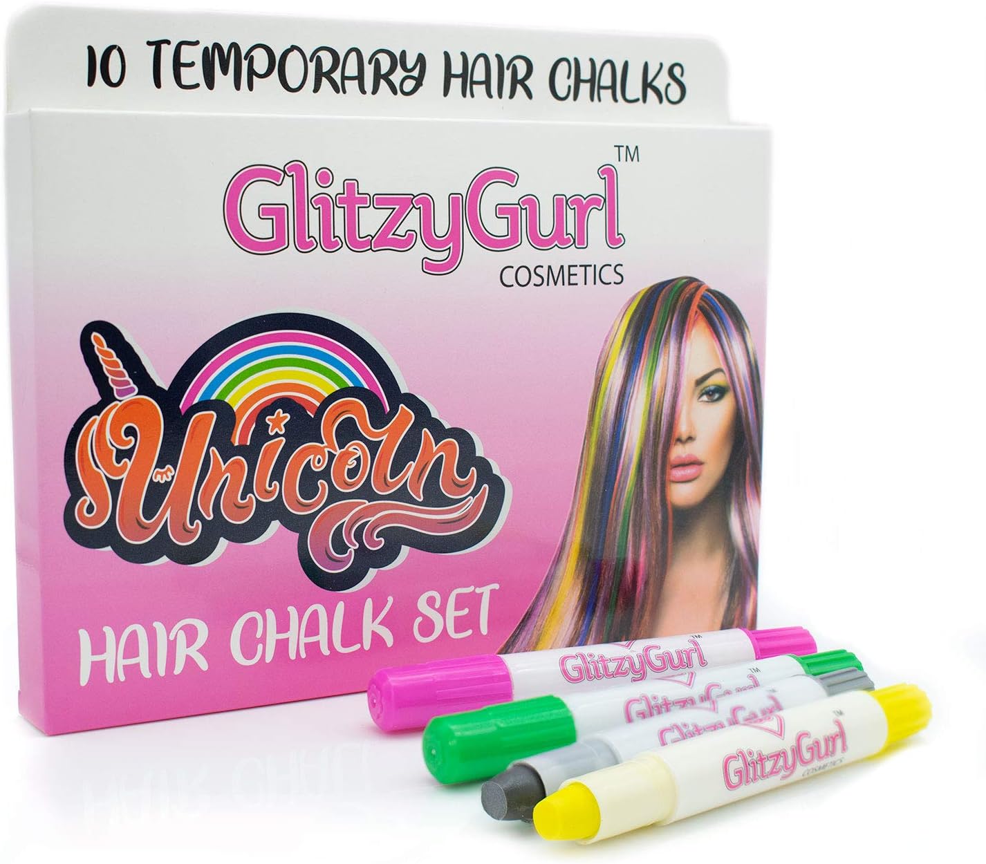 Premium Neon Hair Chalk Set by GlitzyGurl, 10 x Kind Temporary Non-Toxic Easy Washable Hair Dye Colourful Hair Chalks Set for Girls