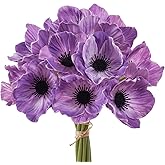 WELL KNOWN Purple Artificial Flower with Stems, 10pcs PU Real Touch Poppy Realistic Fake Flowers for Veterans Day Floral Arrangement Graduation Home Wedding Bouquets Corsages Table Decor
