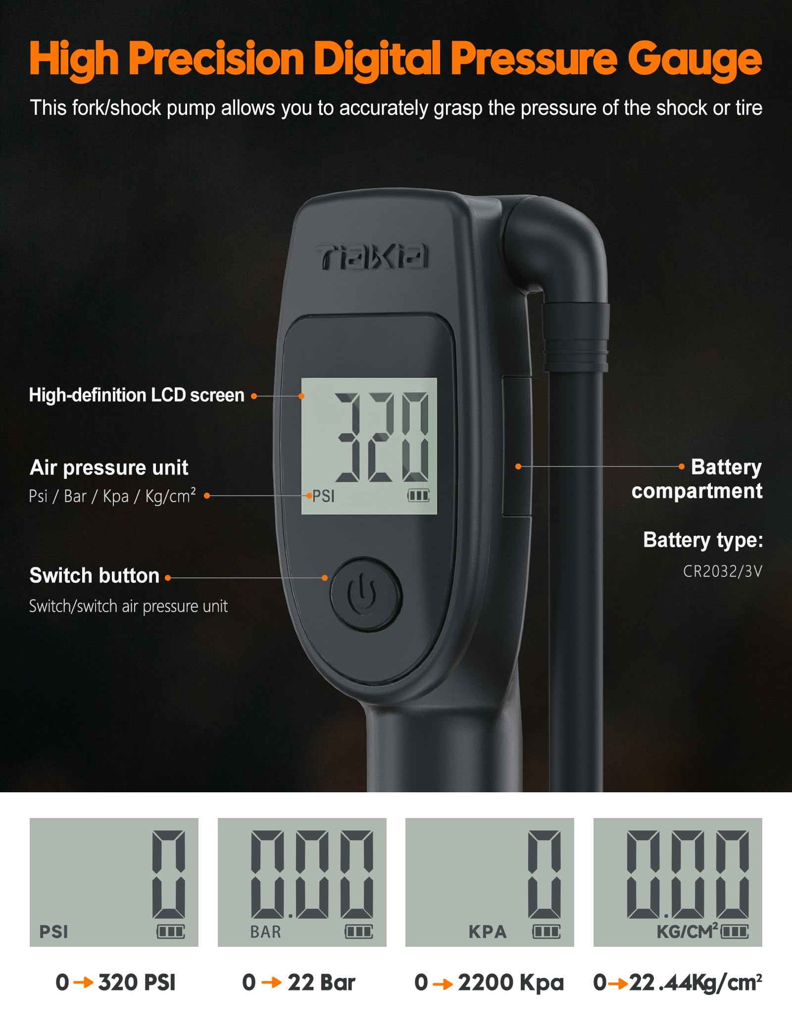 Tiakia Hochdruck Dämpferpumpe mit Digitaler Manometer 320PSI Für Luftdämpfer und federgabel,Tragbare fahrradpumpe Aluminium reifenpumpe Fahrrad Rahmenpumpen,Für Schrader/Presta、DH、MTB (Black) 3