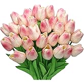 28pcs Pink Flowers Artificial Tulip Stems Real Feel PU Tulips for Easter Spring Wreath Wedding Bouquet Centerpiece Floral Arrangement Cemetery Table Décor 13" Tall