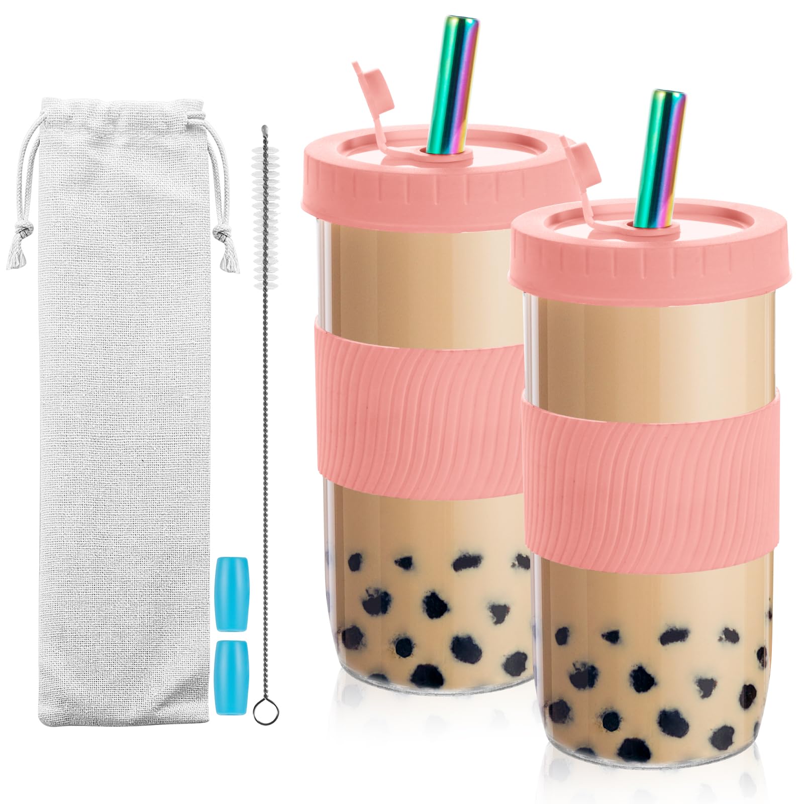 Dyserbuy Bubble Tea Cup, 2 Pack Smoothie Cup, 730ml Iced Coffee Cup, Glass Cups with Lids and Straws, Reusable Glass Tumbler with Silicone Sleeve, Straw Brush, Pink