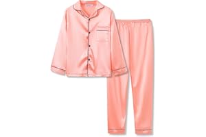 Beezizac Little & Big Girls Pajama Set Size 6-16 -Pink/Blue/Turquoise/Peach Satin Silky Cute Fall Winter Long Outfit