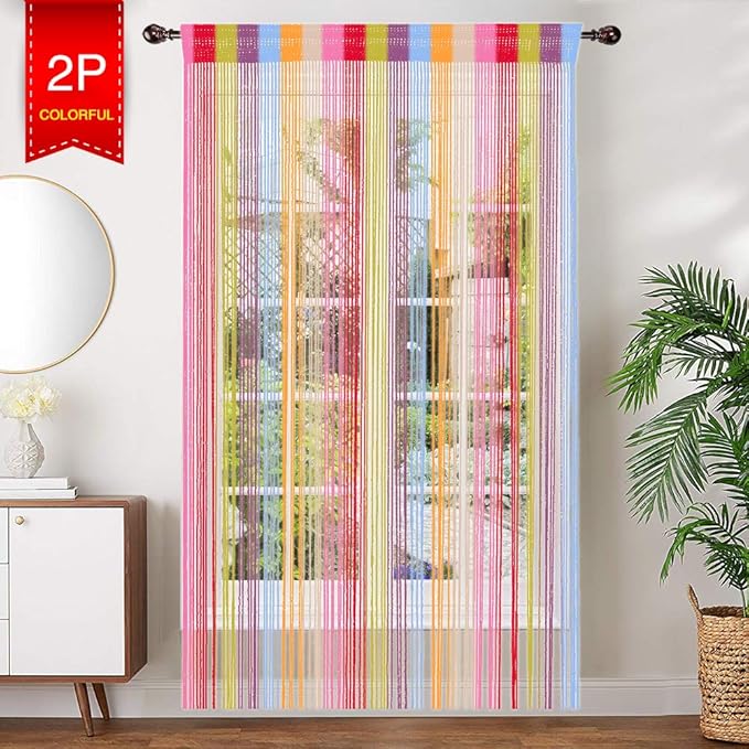 AIZESI 2 Stück Fadenvorhang Bunt 90x 200cm Insektenschutz Fadenstore Türvorhang Trennwand Fenster Vorhang Wohnzimmer Schlafzi