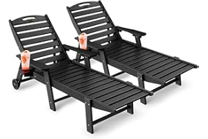 SUUNYN Modern Oversized HDPE Chaise Lounge Chair Outdoor Set of 2, Black with 6-Position Adjustable Backrest, Wheels, Cup Holder for Pool, Patio, Beach, Sunbathing