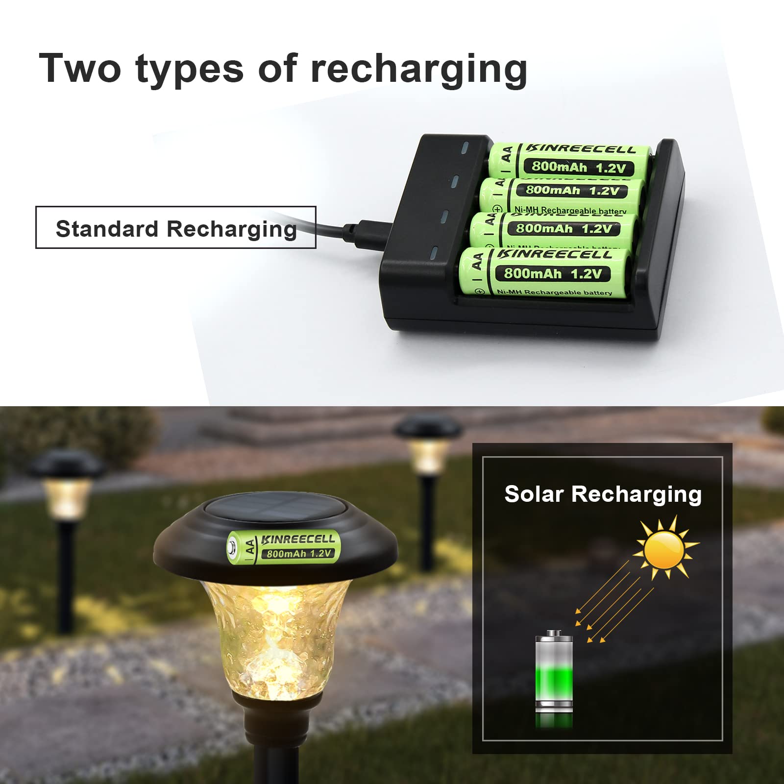 KINREECELL Rechargeable AA Batteries, Ni-MH Double A Solar Batteries High Capacity 1.2V Pre-Charged for Outdoor Solar Lights, String Lights，Pathway Lights(AA-800mAh-12pack)