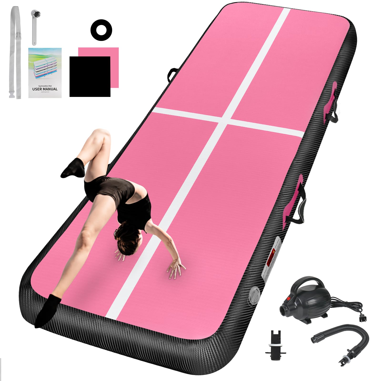 Inflatable Gymnastics Mat 10ft/13ft/16ft/20ft/ Air Tumbling Track Mats 4/8 inches Thick for Home Use/Training/Cheerleading/Yoga/Water with Pump 13ft x 5ft x 6inch Pink Purple Image