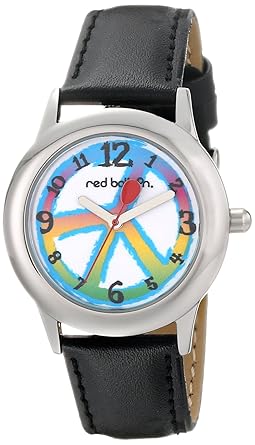 Red Balloon Kids W000341 Peace Love and Happiness Tween Stainless Steel Black Leather Strap Watch