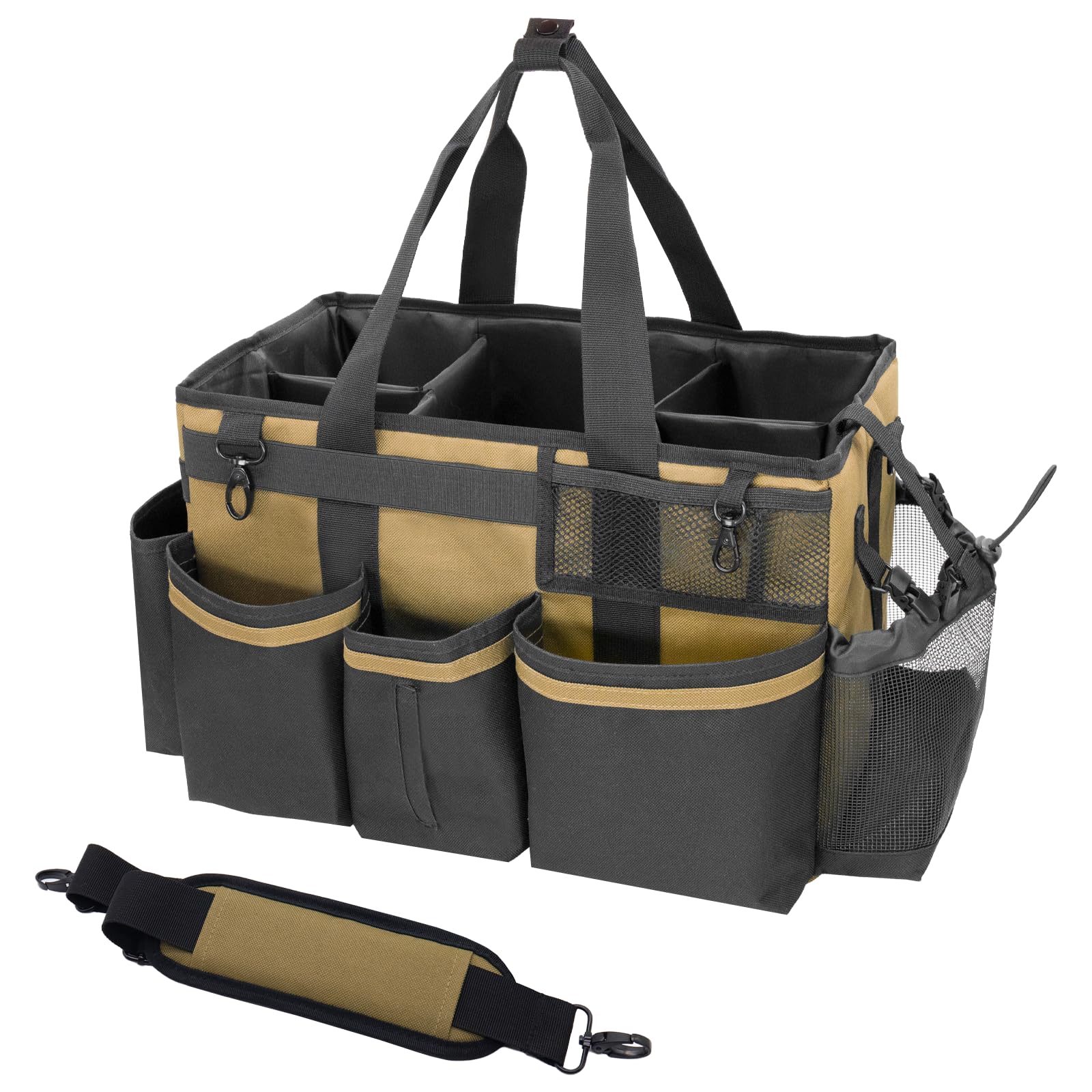 Photo 1 of SCAVATA Wearable Cleaning Caddy Organizer with Handle & Shoulder Straps for Housekeepers, Under Sink & Car Cleaning Tool Organizer Bag with 4 Foldable Dividers (Tan)