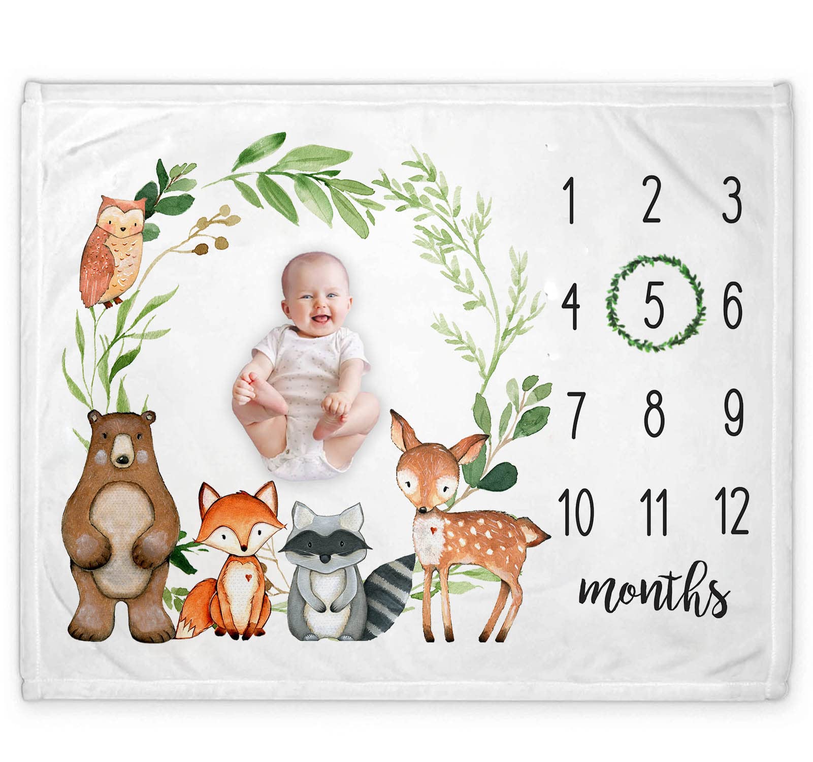 Photo 1 of Yuzioey Baby Monthly Milestone Blanket - Woodland Forest Animals, Gift for New Moms, Baby Shower, Watch Me Grow, Greenery Woodland Nursery Decor, Includes Marker (50"x40")