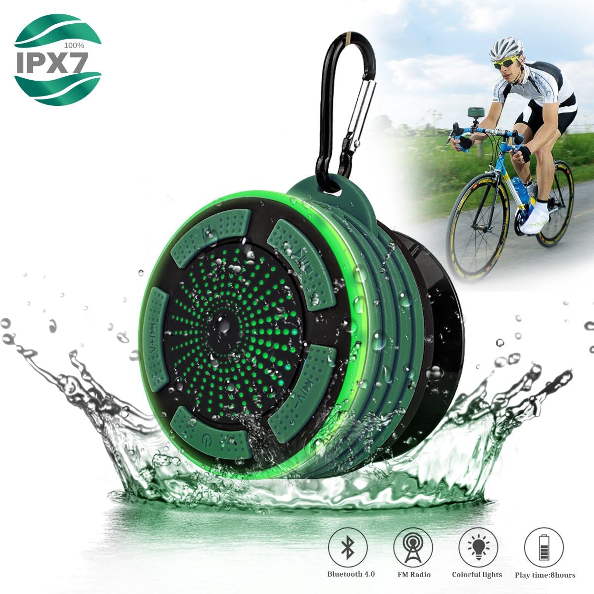 Wireless Waterpoof Bluetooth Speaker Shower Radios with Light, Built in FM Radio and Super Bass, Small Portable Speaker for Bathroom, Outdoor, Car, Beach, Pool (navy green)