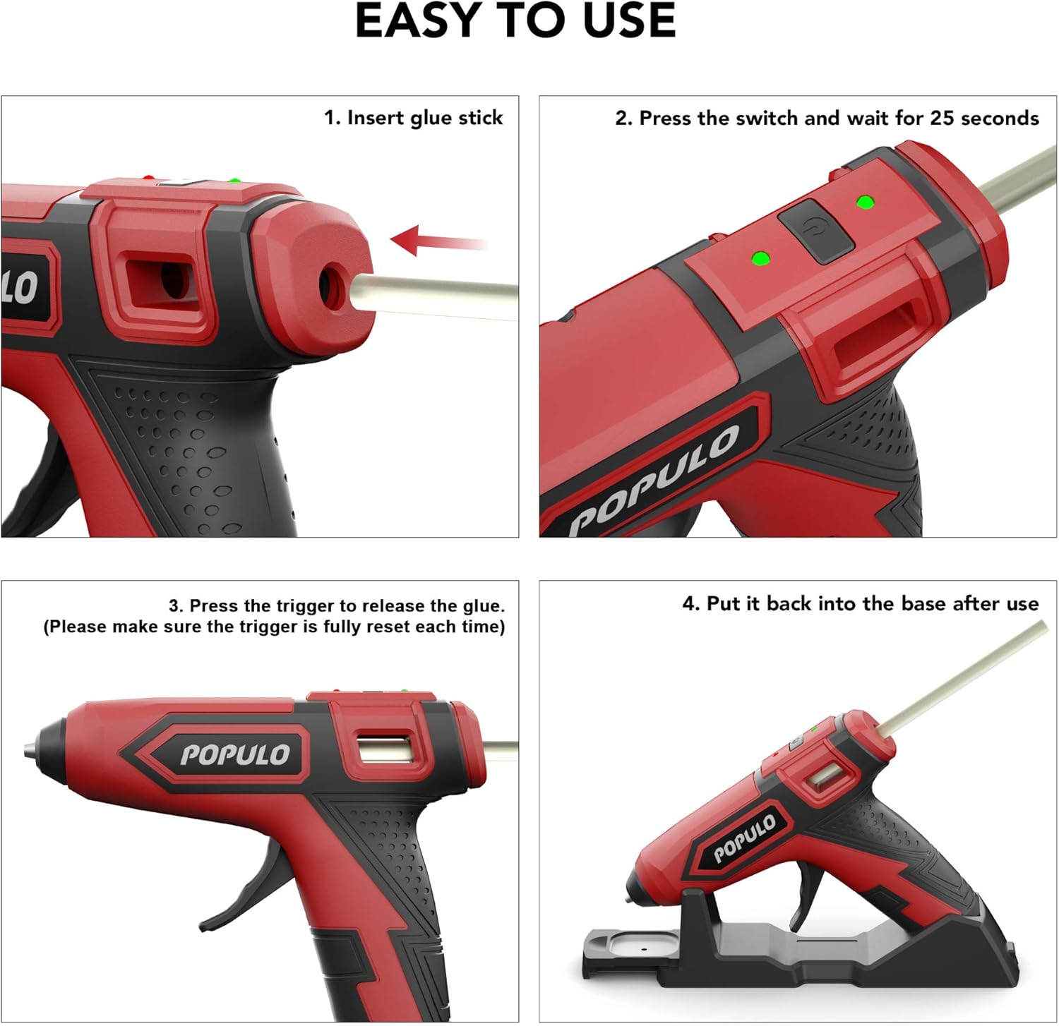 POPULO Hot Glue Gun Kit, 3.6v Cordless Glue Gun Rechargeable with Stand, Wireless Mini Hot Glue Gun with 26 Pcs for Home Quick Repairs, School DIY Arts and Crafts Projects.