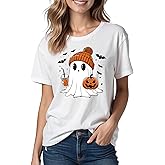 Halloween Shirts for Women: Pumpkin Ghost Print Funny Crewneck Short Sleeve Top for Costumes Autumn Party Graphic T-Shirt