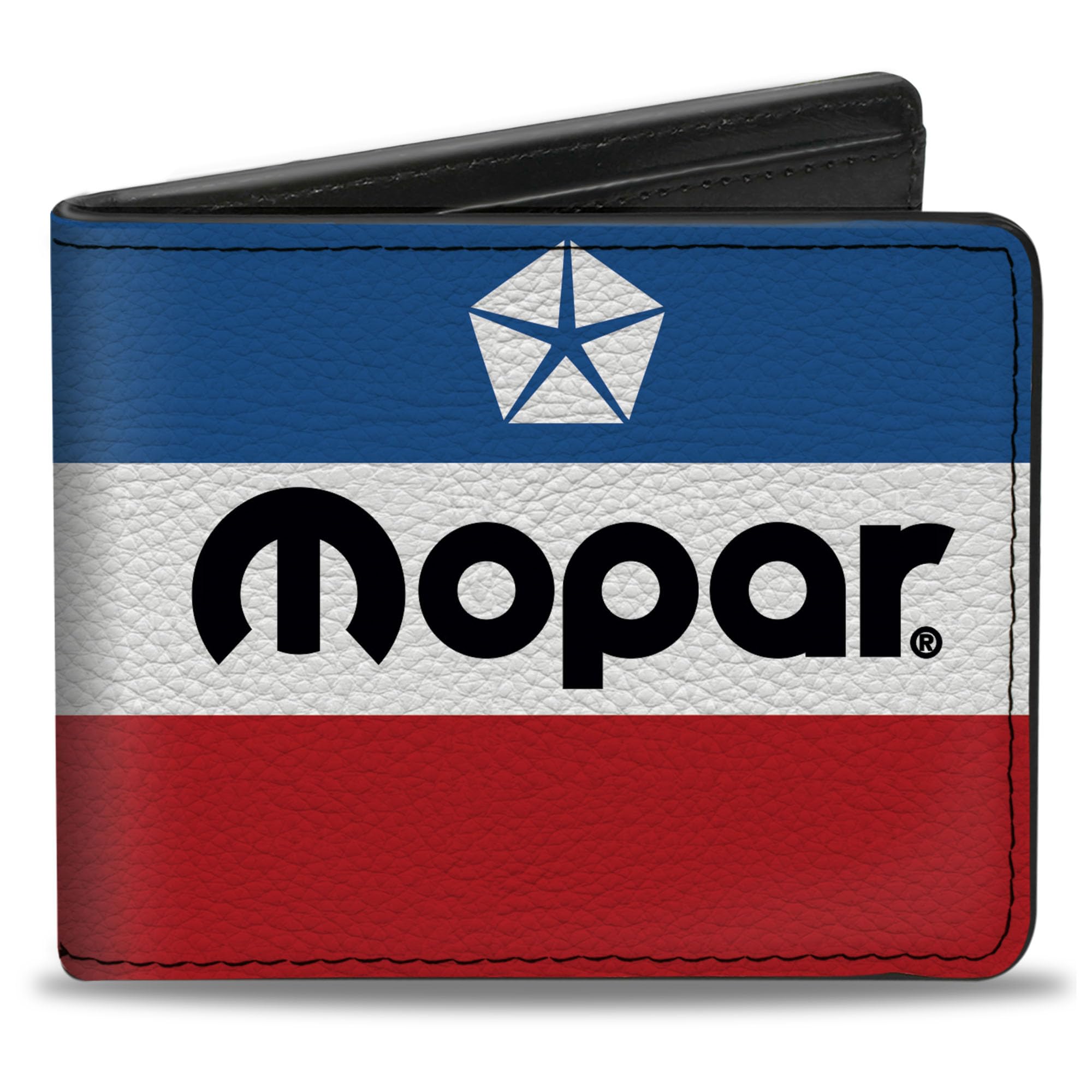 Buckle-Down Men's Bifold Wallet Mopar, Mopar, 4.0" x 3.5", Mopar Wallet, Bifold, Mopar Chrysler Logo White Blue Red Black, Vegan Leather