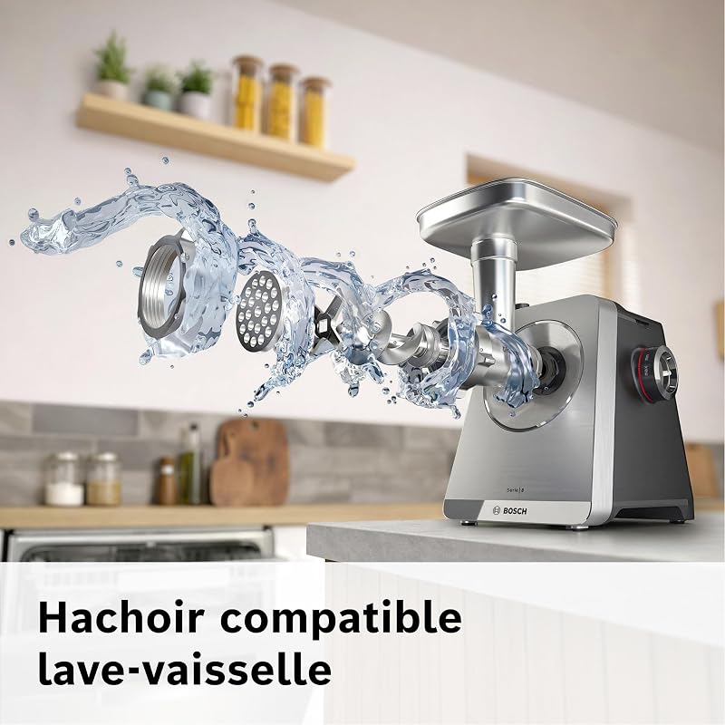 MultiPower Série 8, hachoir multifonction, puissance moteur bloqué 2500 W, hachoir à viande, râpe, accessoires saucisse et kebbe, noir, MFWS840M