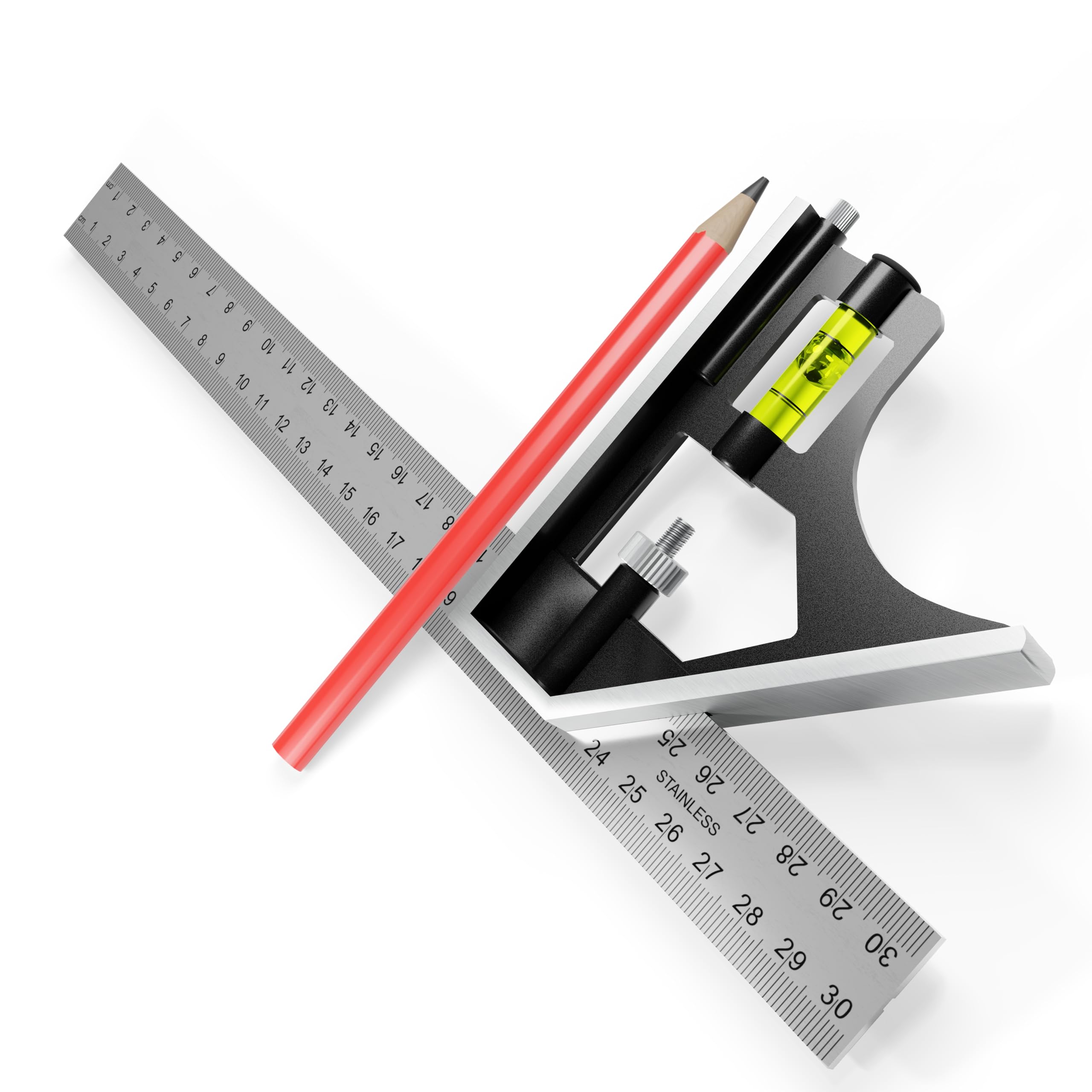 Simon & Co Combination Square in Stainless Steel 12" (300mm) - Metric System only - Carpenter’s Pencil Included