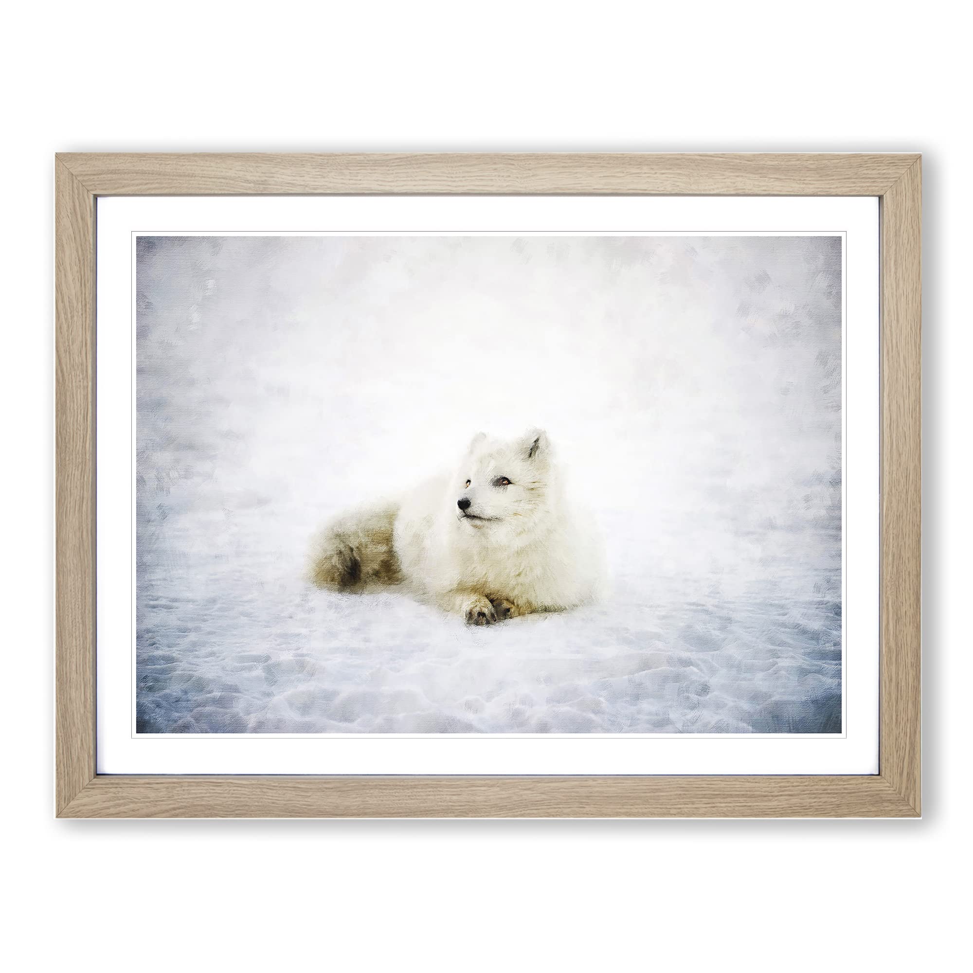 Resting Arctic Fox Painting Modern Art Framed Wall Art Print, Ready to Hang Picture for Living Room Bedroom Home Office Décor, Oak A4 (34 x 25 cm)