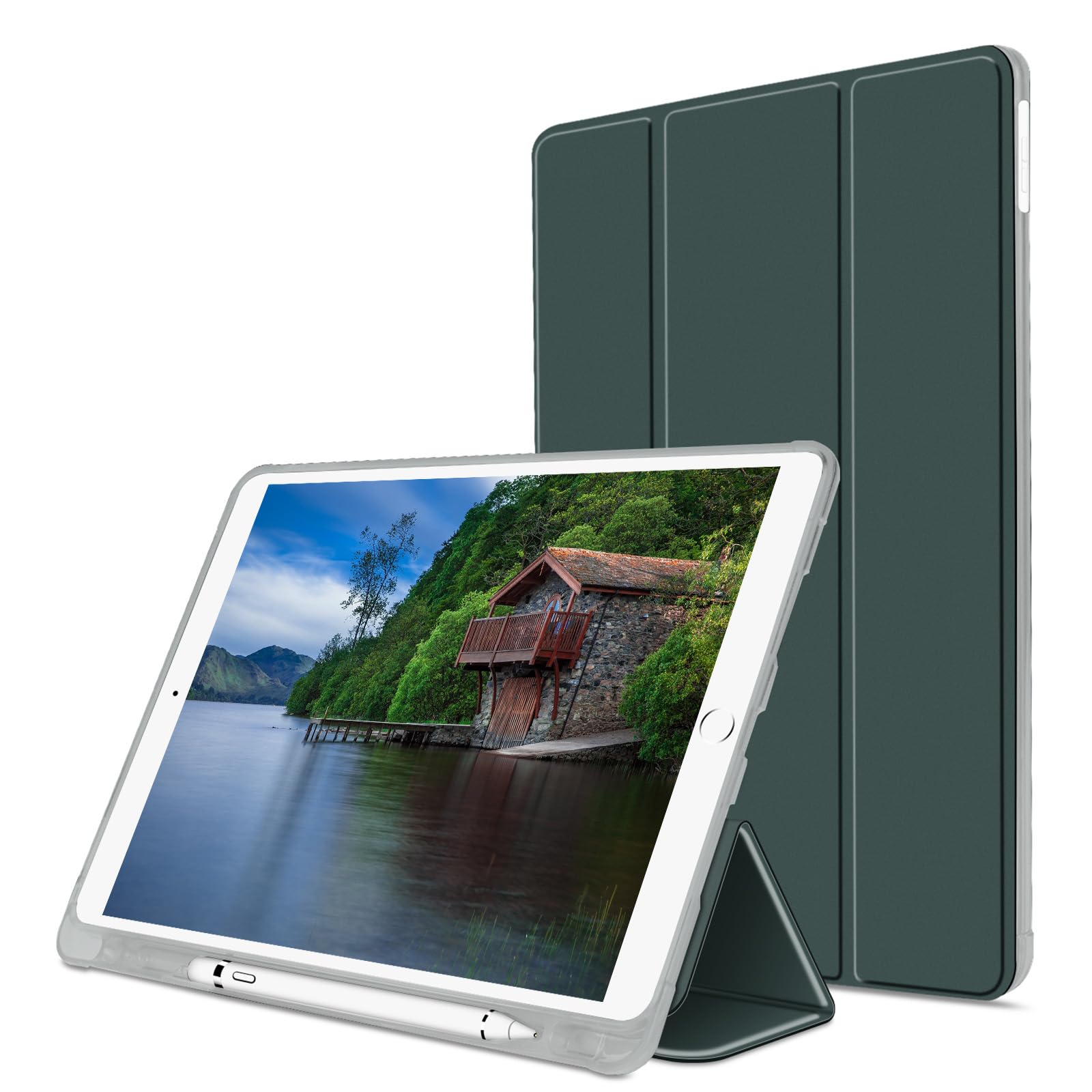 VAGHVEO Case for iPad 9.7 2018 2017 Case/iPad Air 1 2 Case with Pencil Holder, Slim Protective Smart Cases [Auto Sleep/Wake], Flexible Soft TPU Translucent Frosted Back Shockproof Cover, Dark Green — image 1