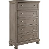 Signature Design by Ashley Lettner Chest of Drawers, Tall Dresser, 5 Drawer Clothing Storage for Master Bedrooms, Veneers, Wood and Engineered Wood, Light Gray, 40"W x 18"D x 58"H