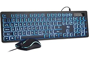 Rii RGB Keyboard and Mouse RK105, Wired Keyboard and Mouse Combo, USB Keyboard and Mouse Set,Quiet Input Gaming Keyboard,Opti