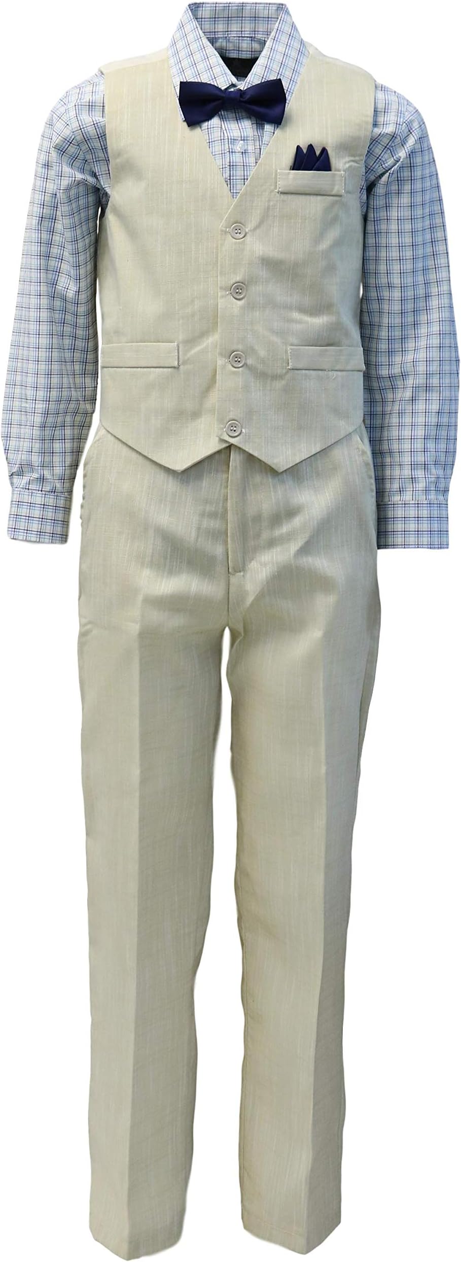 Vittorino Boy's Linen Look 4 Piece Suit Set with Vest Pants Shirt and Tie
