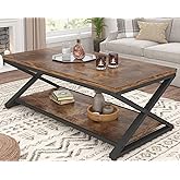 HSH Rustic Coffee Table with Storage Shelf, Industrial Metal Wood Living Room Table, Farmhouse Minimalist Rectangle Center Ta
