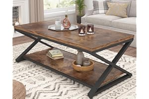 HSH Rustic Coffee Table with Storage Shelf, Industrial Metal Wood Living Room Table, Farmhouse Minimalist Rectangle Center Ta