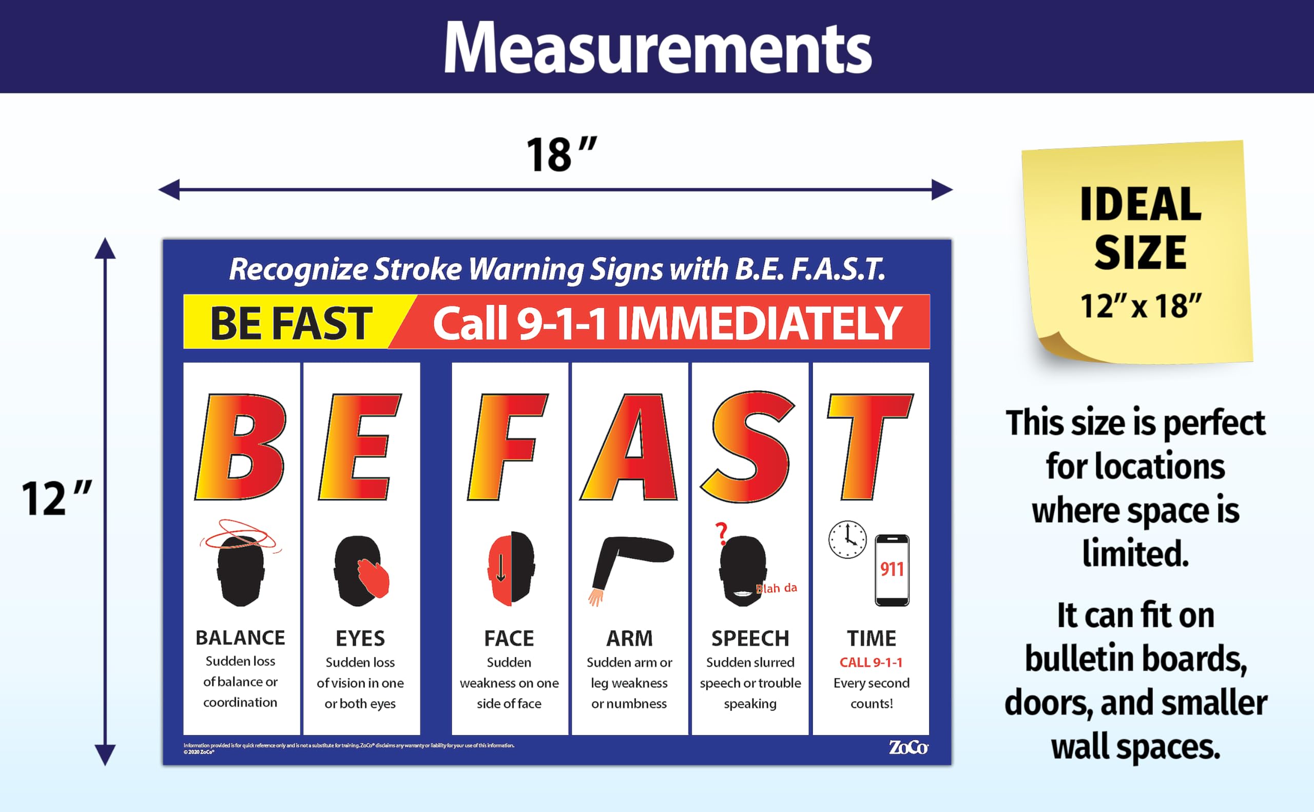 ZOCO - Stroke Symptoms Posters - BE FAST Stroke Awareness - Laminated, 12 x 18 inches - Workplace Health and Safety Posters