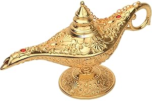 LAUYOO Classic Aladdin Magic Genie Lamp Legend Wishing Light Costume Lamp Metal Carved Arabian Props for Home Tabletop Decoration Party Birthday Halloween Christmas Size 7 x 20.7 x 11.3CM-Gold