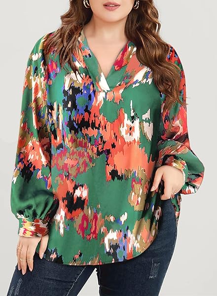 EYTINO WOMENS PLUS SIZE LANTERN LONG SLEEVE V NECK BOHO FLORAL PRINT SUMMER LOOSE BLOUSE SHIRTS TOPS,5X GREEN 109
