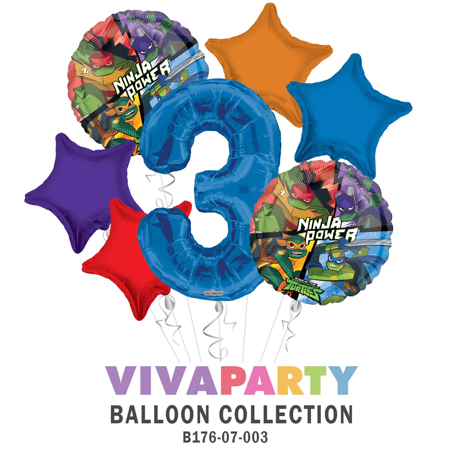 Ninja Power Rise of The TMNT Turtles Round Balloon Bouquet 7 pc, 3rd Birthday, Hot Pink Number 3 Jumbo Balloon | Viva Party Balloon Collection