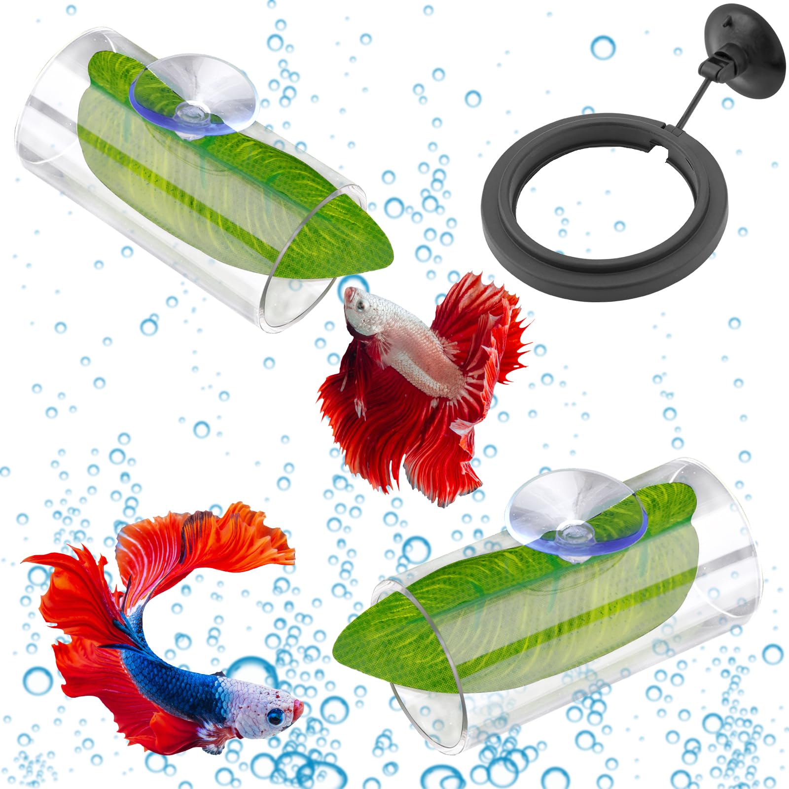 Betta Fish Tank Accessories, 2pcs Betta Tunnel & 2pcs Betta Fish Leaf & Round Fish Feeding Ring Fish Toys Betta Fish Natural Habitat Shelter Hideaway Betta Fish Tank Decorations