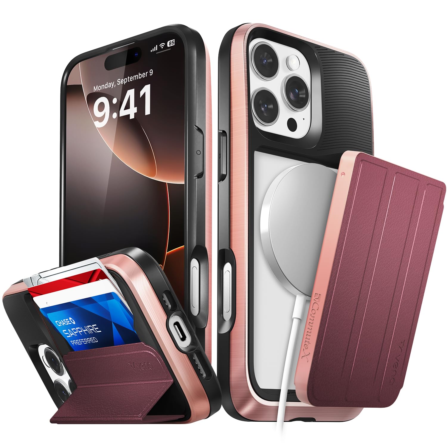 VENA vCommuteX for iPhone 16 Pro Max Wallet Case (MagSafe Compatible), [Military Grade Drop Protection] Detachable Leather Cover Slot Card Holder with Kickstand - Red — image 1