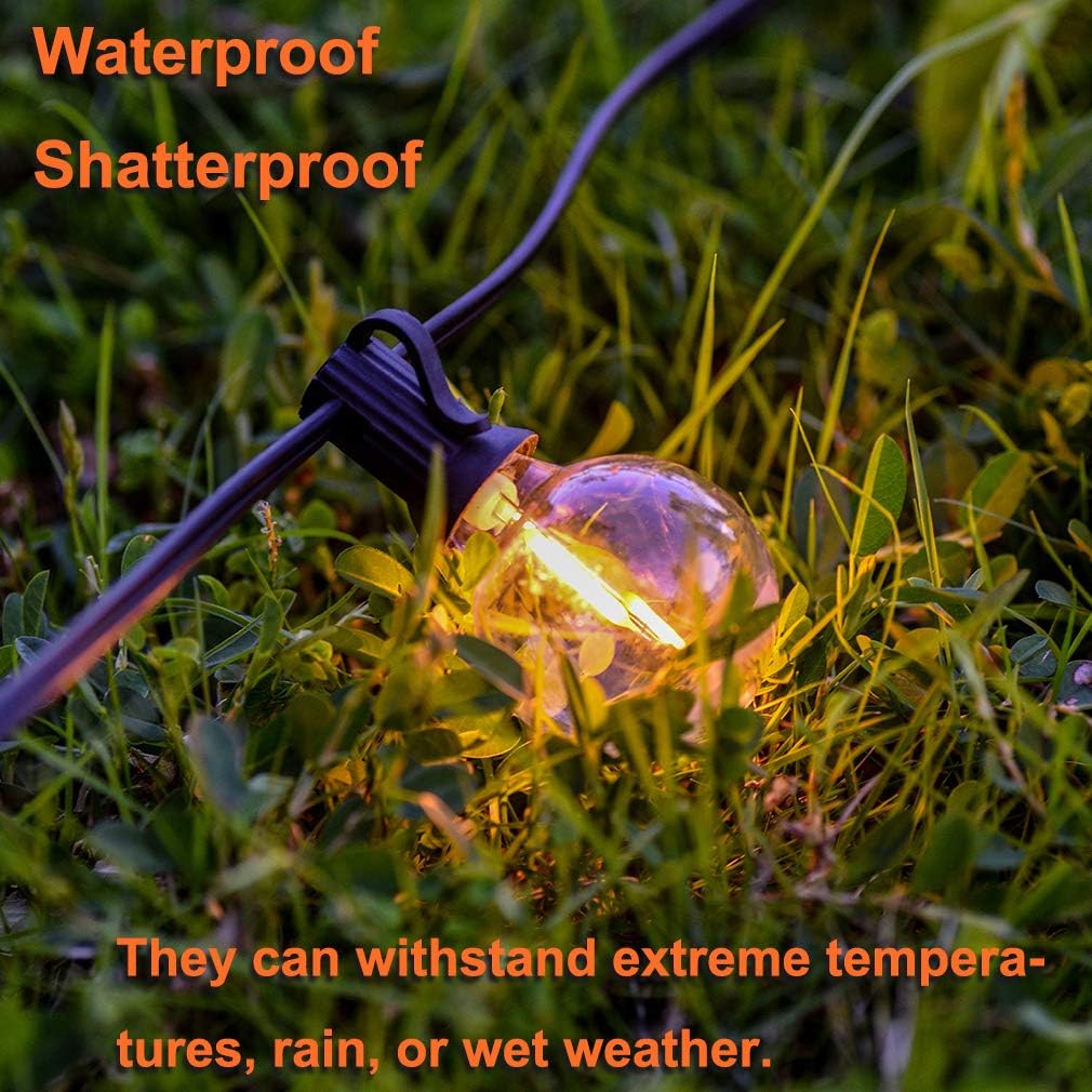 Newpow Outdoor String Lights 100ft with 50+2 Spare Dimmable Shatterproof Waterproof LED G40 Globe Bulbs - Clear Plastic, 1W 60LM 2200K Warm Glow for Indoor/Outdoor Decoration and Lighting -Black Wire: Home Improvement