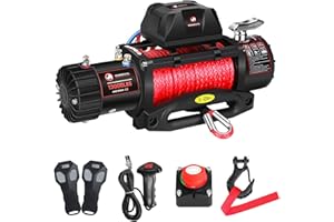 RHINOVAL 12V Electric Winch, Synthetic Rope, Bonus Disconnect Safety Switch, Compact Control Box, 12V Waterproof, Corded & Wi