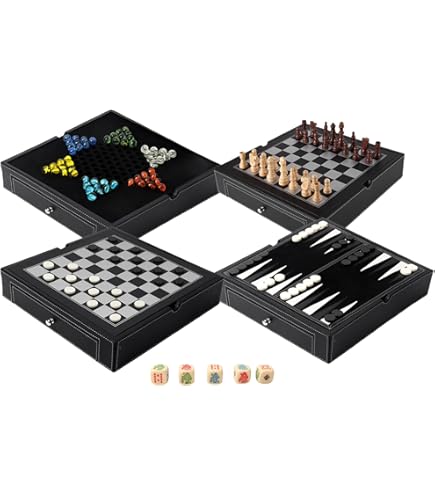 Juegoal 7-in-1 Wooden Board Game Set - Portable Travel Games For Family & Friends (Chess, Checkers, Backgammon & More)