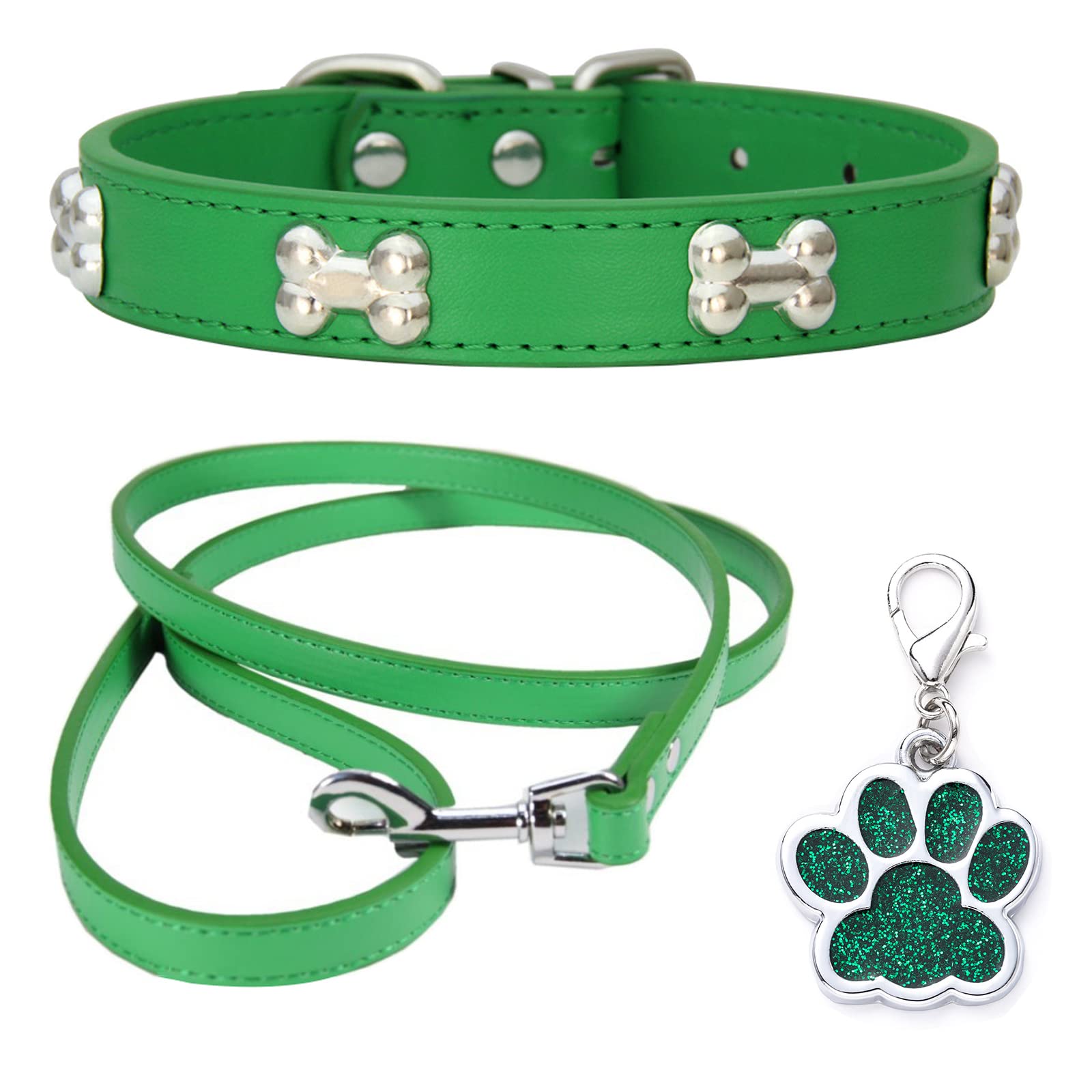 HALFSUMO Leather Dog Collar Dog Lead Combo Set Dog Collars Adjustable Puppy Collar for Small Medium Dogs Cats Green XS