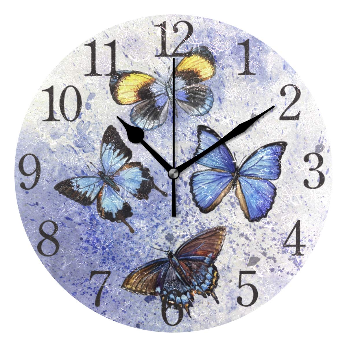 Mnsruu Watercolor Butterflies Blue Round Wall Clock, Silent Non Ticking Oil Painting for Bedroom Living Room Office School Home Decor