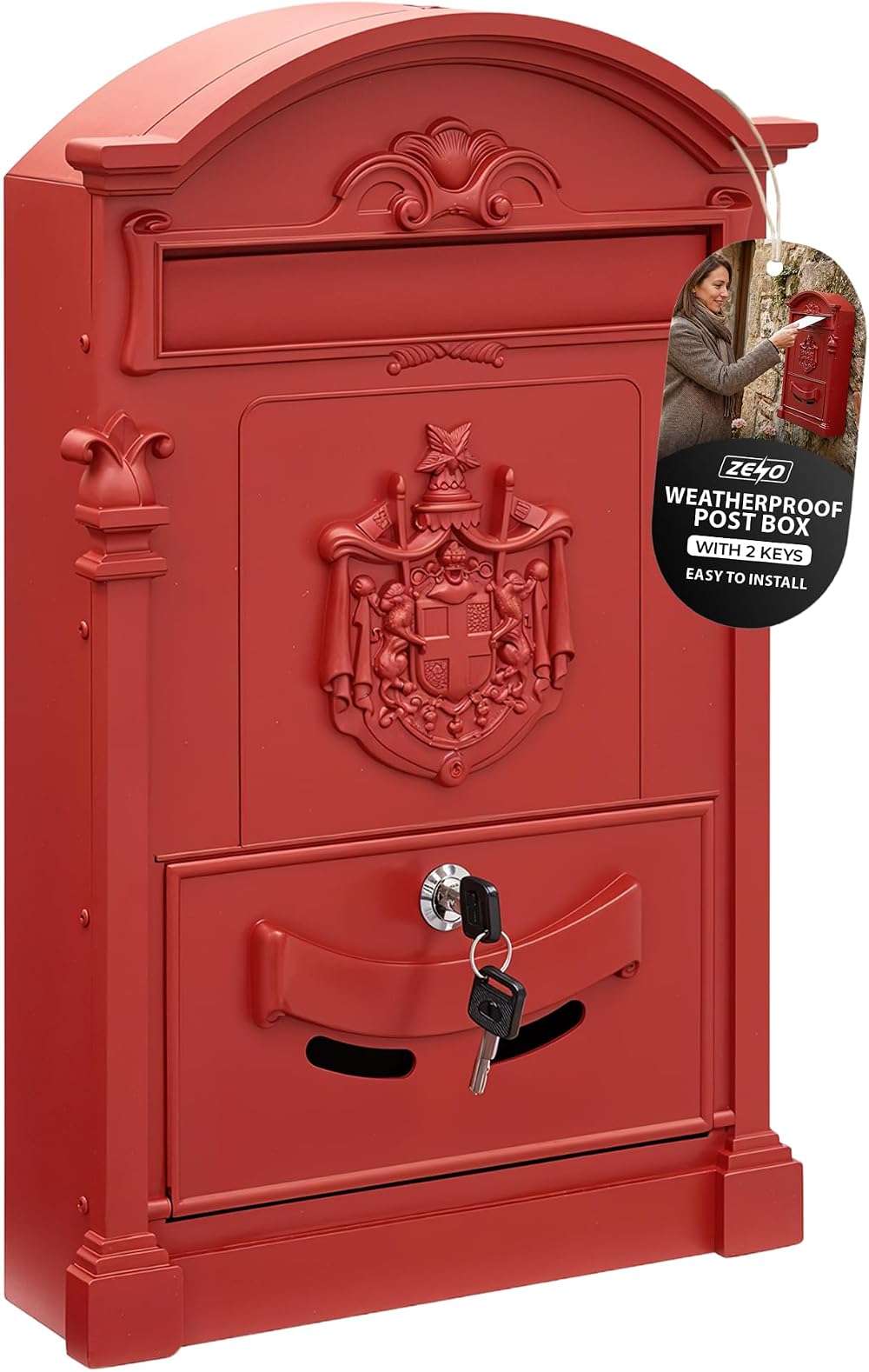 ZENO Red Wall Mounted Letter Box with 2 Keys Large Postbox Classic