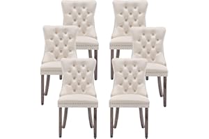 Kiztir Velvet Dining Chairs Set of 6, Upholstered Dining Room Chairs with Ring Pull Trim and Nailhead Trim, Luxury Tufted Dining Chairs for Living Room, Bedroom, Kitchen (Beige)