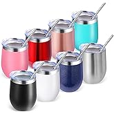 Volhoply 12oz Stainless Steel Wine Tumbler with Lid Bulk 8 Pack,Double Wall Vacuum Stemless Wine Glasses,Reusable Metal Travel Coffe Mug with Straw,Insulated Cups Gifts for Women,Christmas(Mix,8 Set)