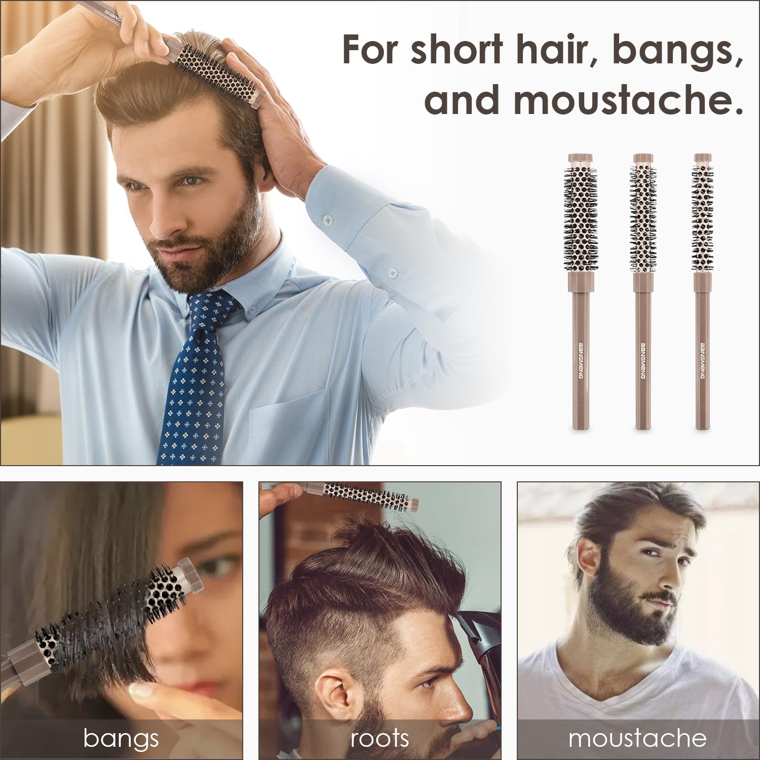3 Pieces Small Round Brush Set, 3/7 1/2 5/8 Inch Barrel HairBrush for Blow Drying, Soft Bristles Style Volumize Hair Brush for Women Men Short Hair, Bangs, Roots, Curling, Straight