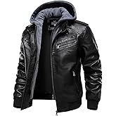 HOOD CREW Men's Leather Jackets Faux Bomber Jacket for Men Motorcycle Zip-Up Biker Coat With Hoodie