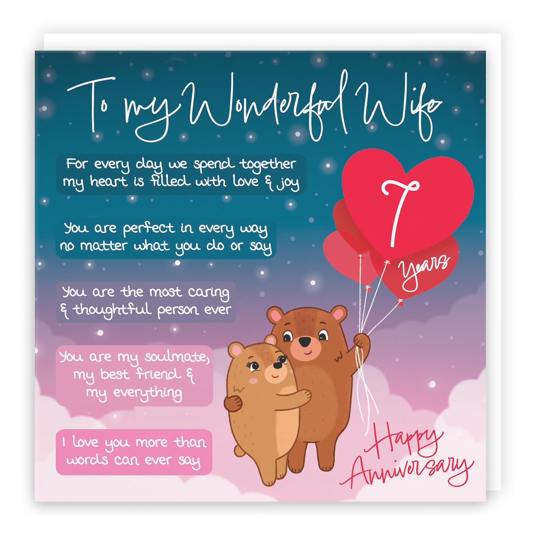 Hunts England - Starry Night 7th Anniversary Card for Wife - Cute Bears & Poem
