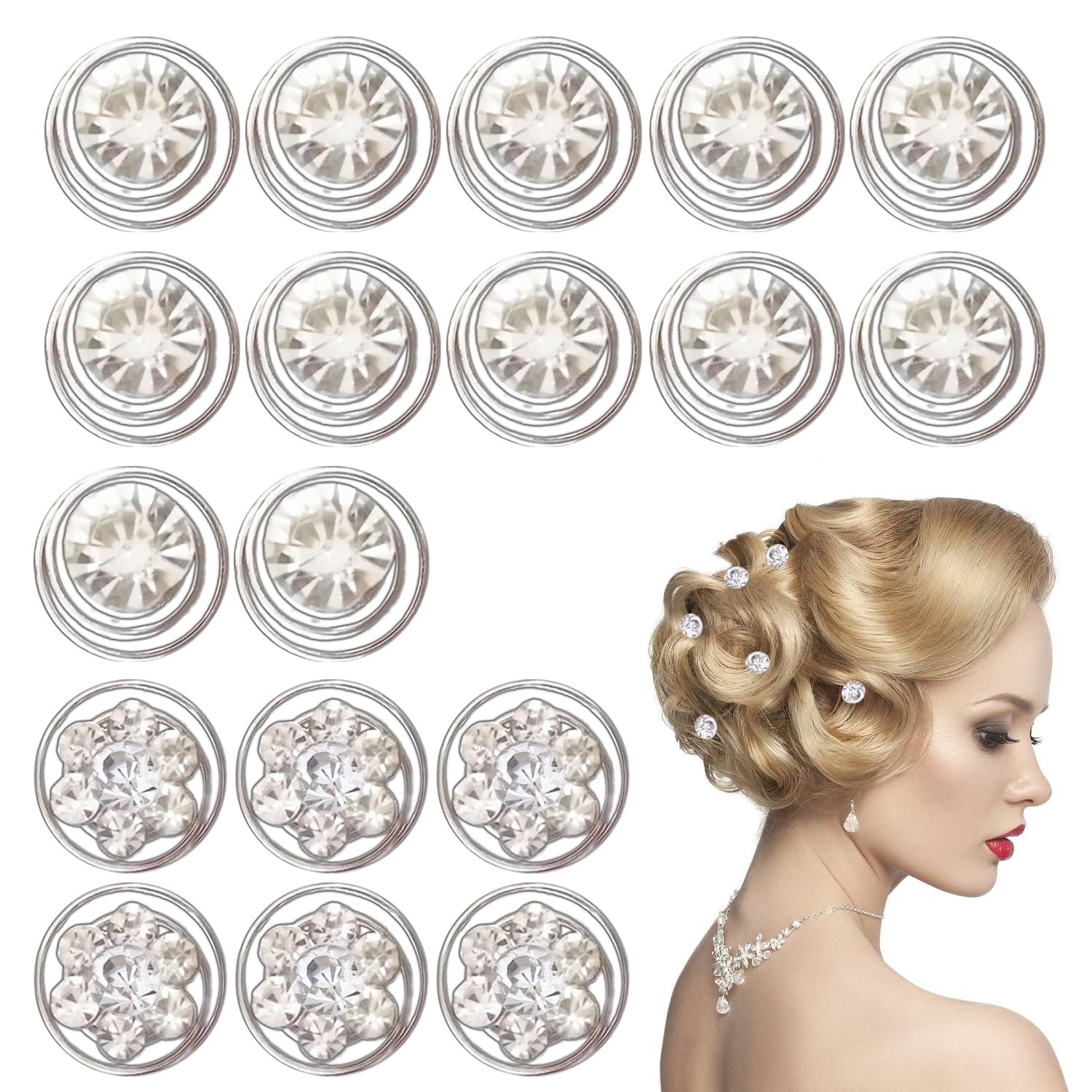 18 Rhinestone Hair Clips, 12 Single Diamond, 6 Petal Diamond, Spiral, Crystal