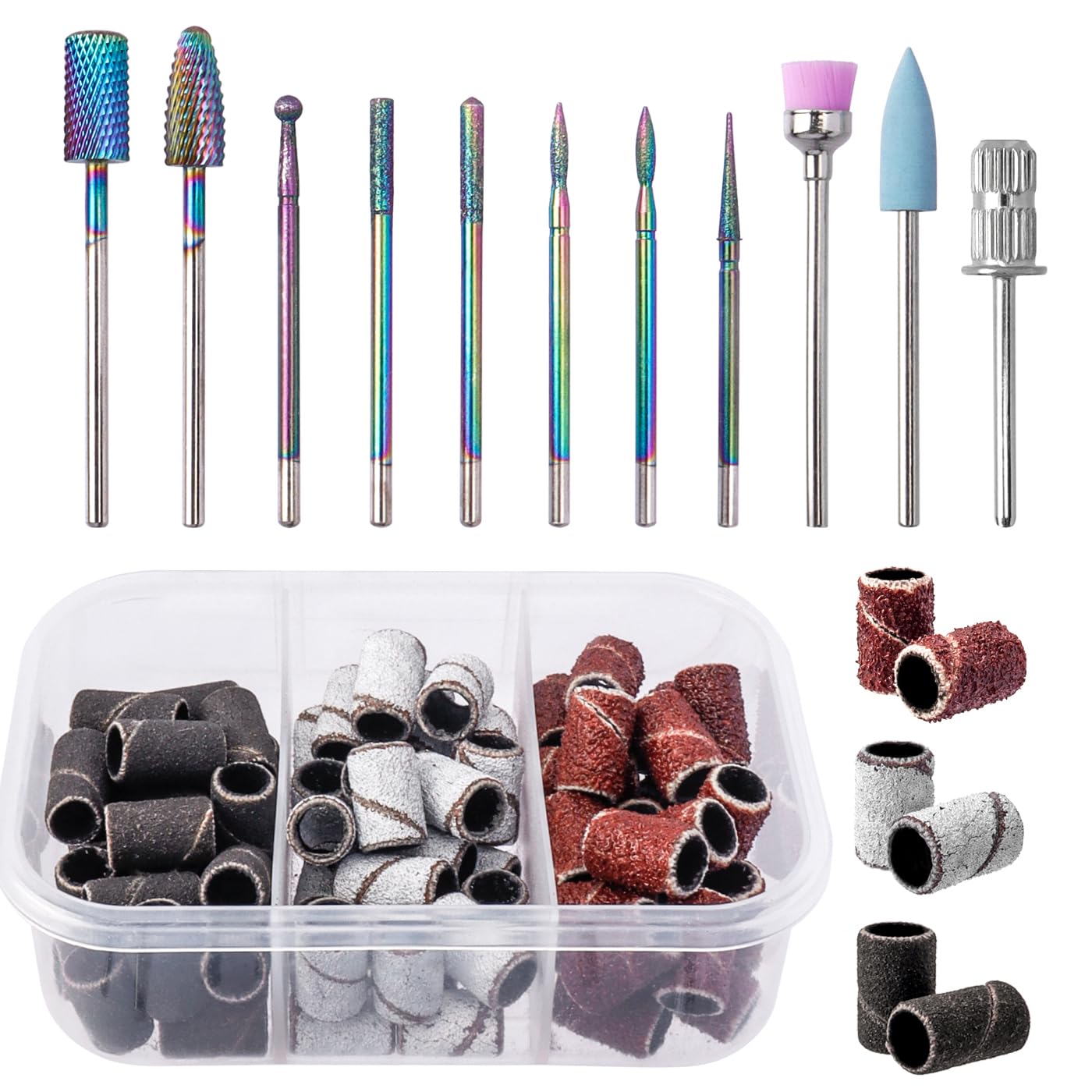 Mesee Nail Drill Bits Set, 10Pcs Tungsten Carbide Nail File Bits + 75pcs Nail Sanding Bands with Mandrel Bit Gel Acrylic Nails Cuticle Remove Bits Electric Rotary Burrs for Manicure Pedicure
