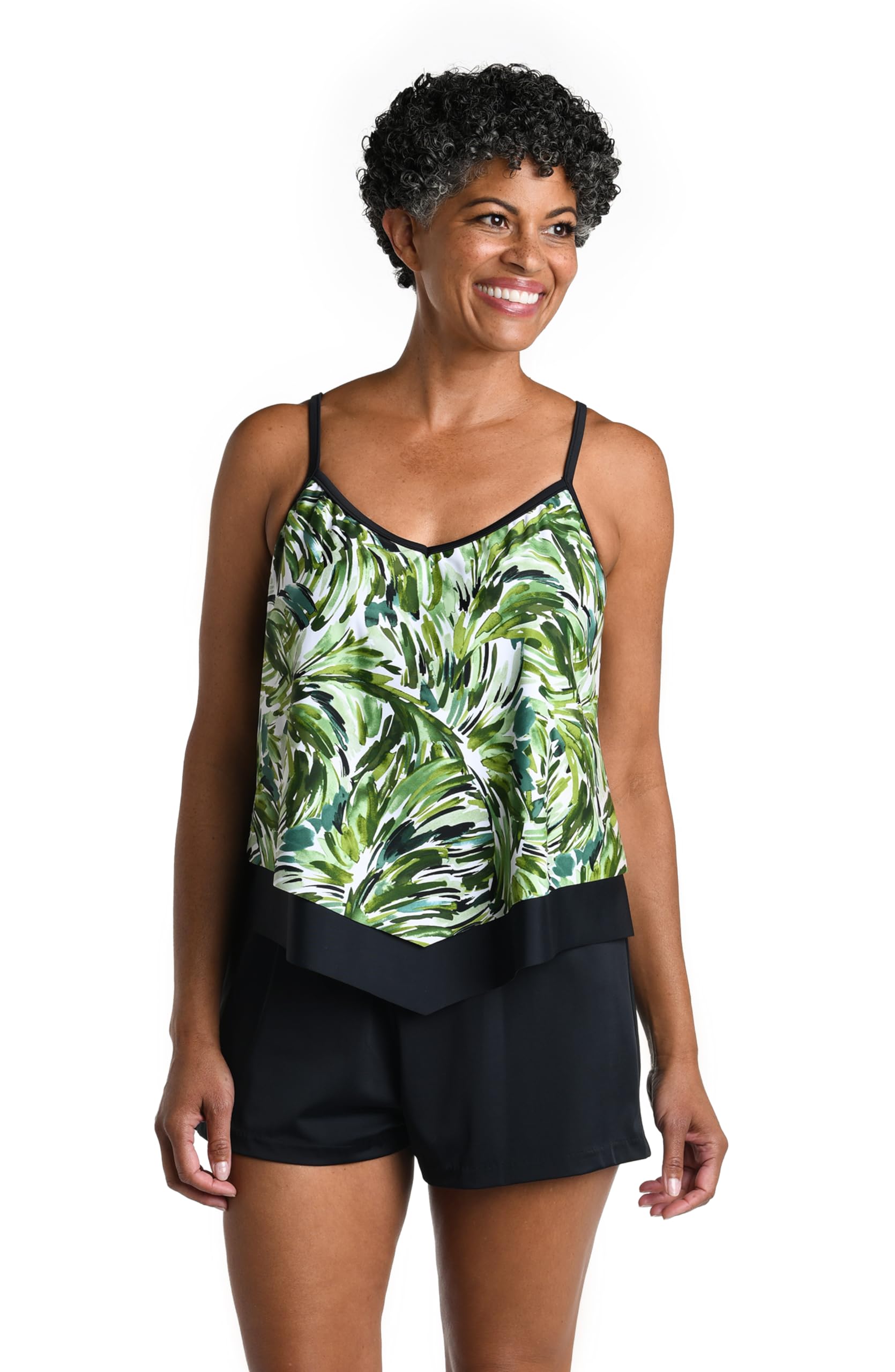 Maxine Of Hollywood Women’s Standard V-Neck Flutter Tankini Swimsuit Top, Olive//Fronds with Flair