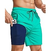 Yufawow Men Swim Trunks with Compression 7 Inches Breathable Liner Quick Dry Zipper Pockets for Board Beach Gym Running