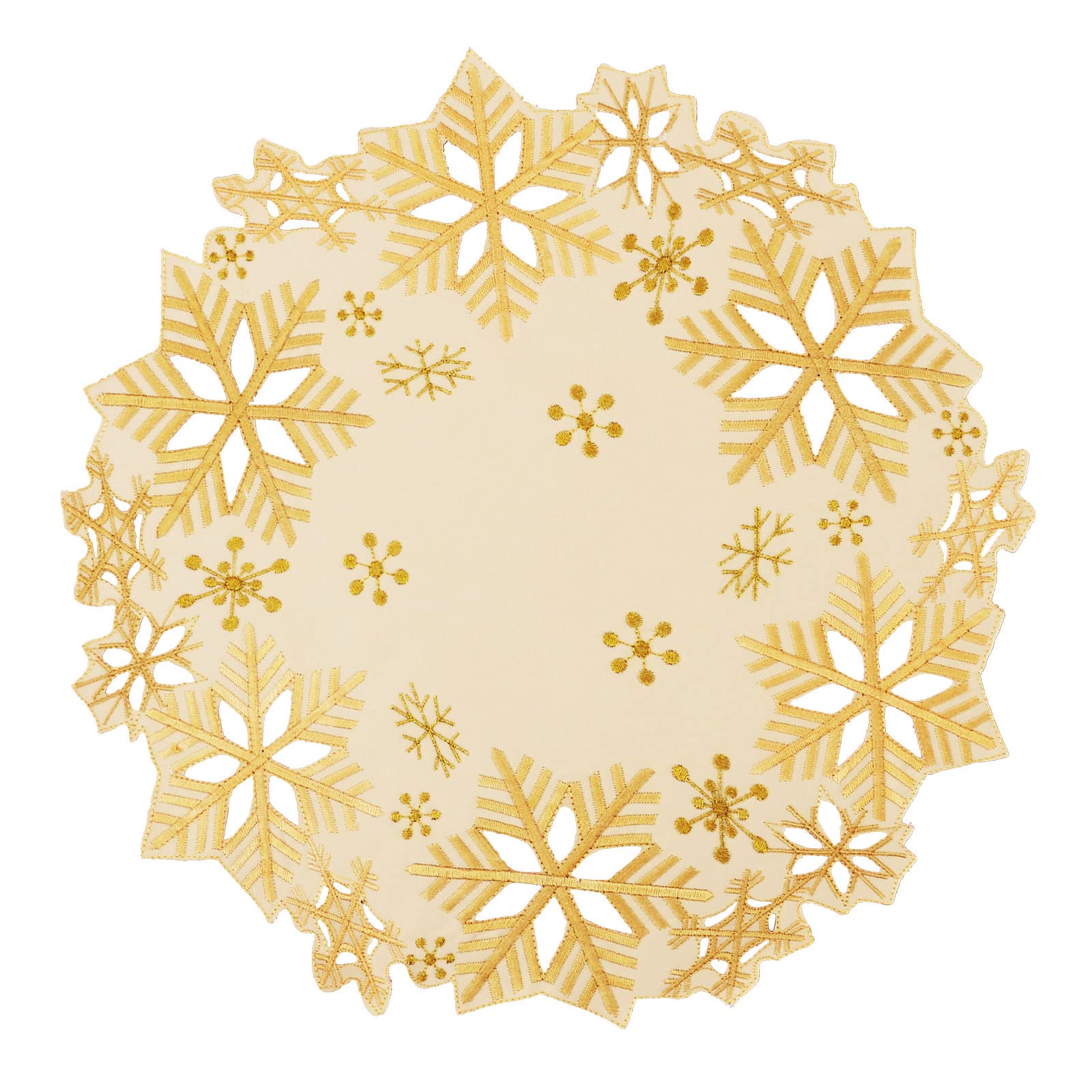 Simhomsen Set of 4 Embroidered Snowflakes Round Doily, Place-mats Round 15 inches for Christmas Holiday and Winter, Dining Table Centerpieces (Gold)