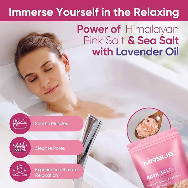 MINSLIS BATH SALTS FOR WOMEN RELAXING, HIMALAYAN PINK SALT WITH LAVENDER OIL ESSENTIAL OIL & SEA SALTS 100% NATURAL AROMATHERAPY AND RELAXATION FOOT SPA BODY FOR PAIN RELIEF